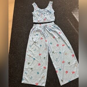 Light Blue Gingham Wide-Leg Pants — Starfish Print